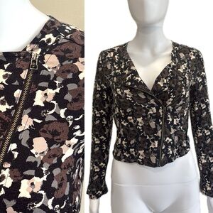 Aritzia Talula Floral Motorcycle Jacket Size 00 Rayon Cropped Zip Moto Blazer